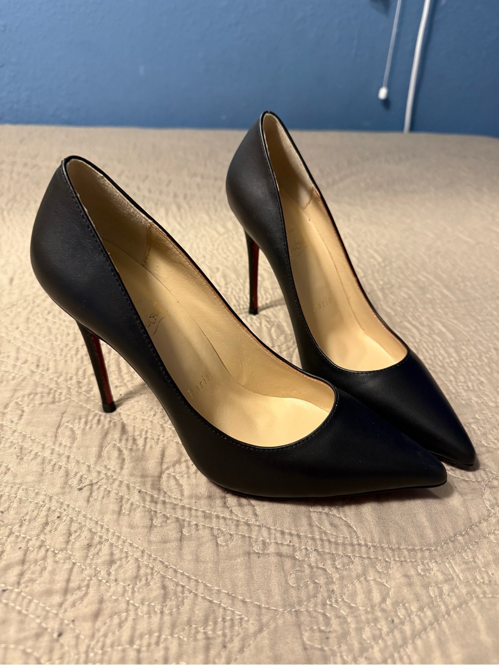 Christian Louboutin Black Pointed-Toe Leather Stiletto Heels with Red Soles